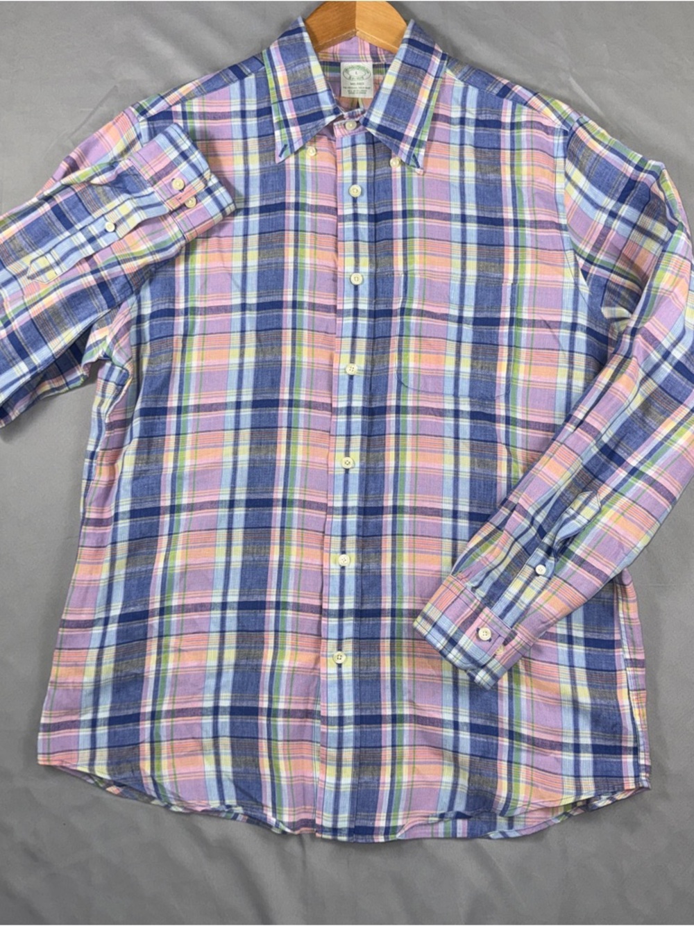 Brooks Brothers Shirt Mens Large Multicolor Plaid Irish Linen Long Sleeve Casual